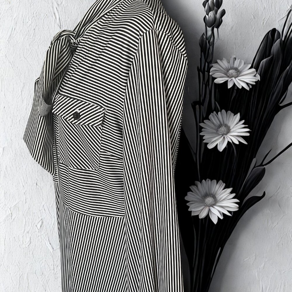 Maxi Black & White Striped Shirt Dress w/Bow Tie Neck
